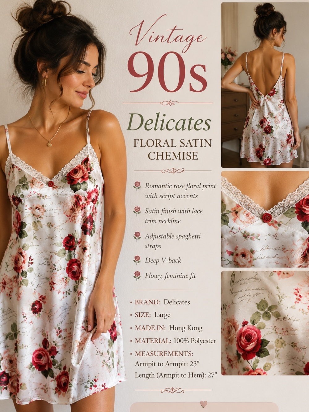 Vintage 90s Delicates Floral Satin Chemise Nightgown Large Cottagecore